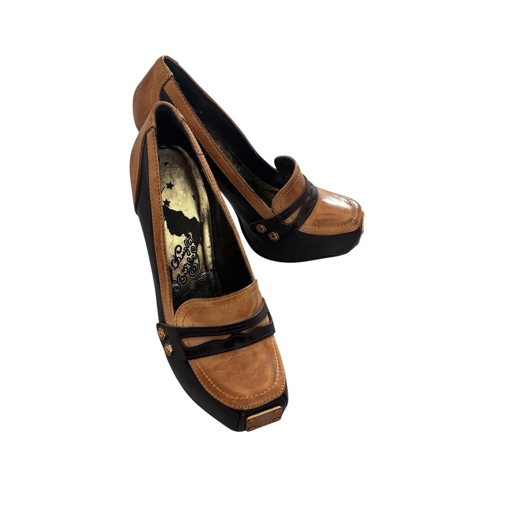 Naughty Monkey Retro Glam Platform Loafer 7.5 Brown Leather Two Tone Heels